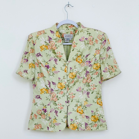 Adrianna Papell 100% Silk Jacket Short Sleeve Green Floral Buttons Front Lining - Picture 6 of 12